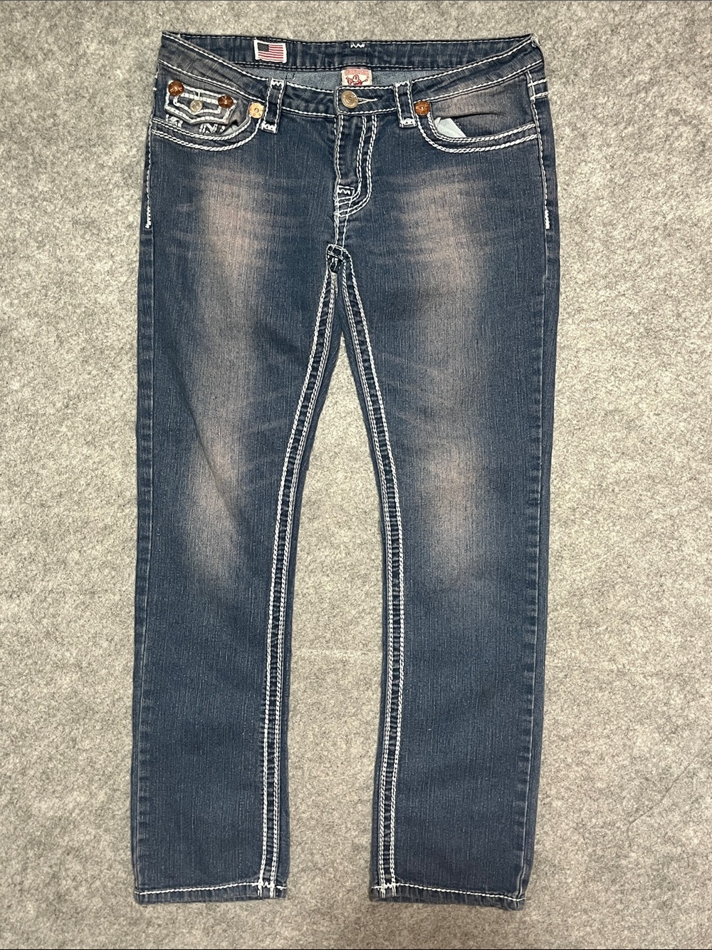 True Religion Women's Low Waisted Faded Blue Slim Straight Jeans